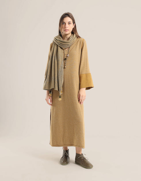 Reversible long aline dress with V neckline and embroidery on sleeves